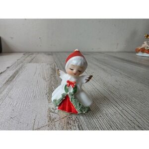 Vintage napco mini Angel cherub spaghetti wreath statue figurine village red
